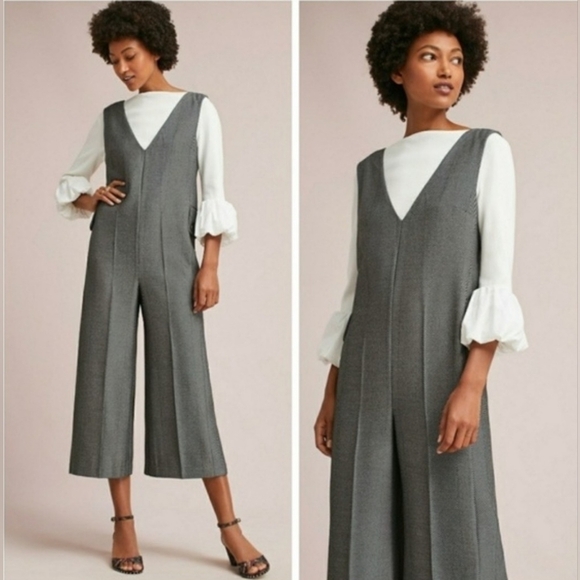 Anthropologie Cartonnier Oxford Herringbone Jumpsuit Wide Leg Cropped Size S.. - Picture 2 of 16